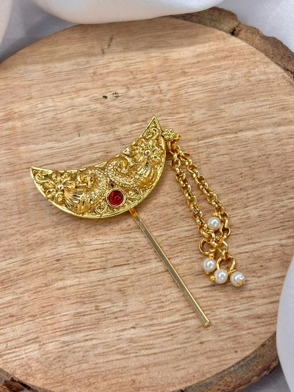 Small Gold Crescent Hair Pin with Pearl Chain