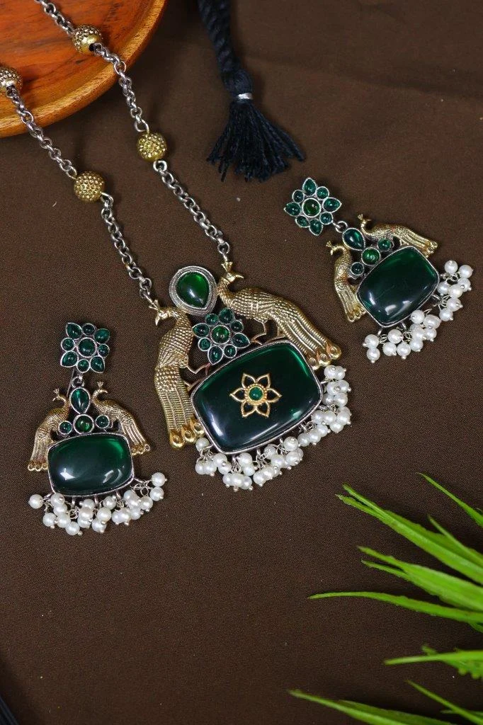 Blue Stone Peacock Pendant Necklace with Earrings