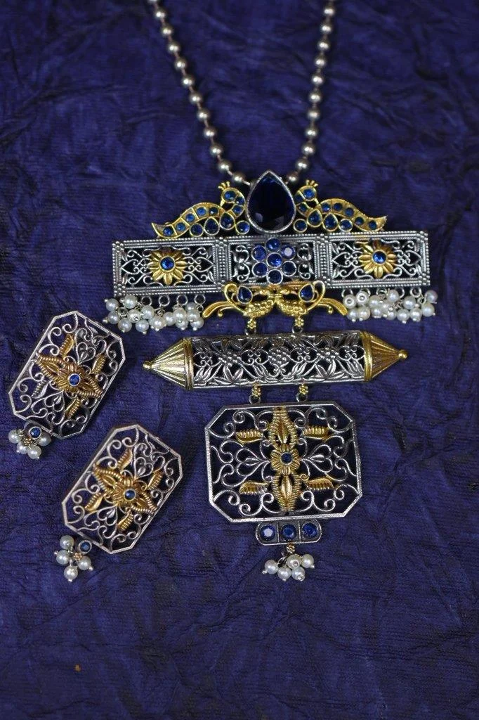 Filigree Panel Long Necklace with Peacock Crest and Earrings