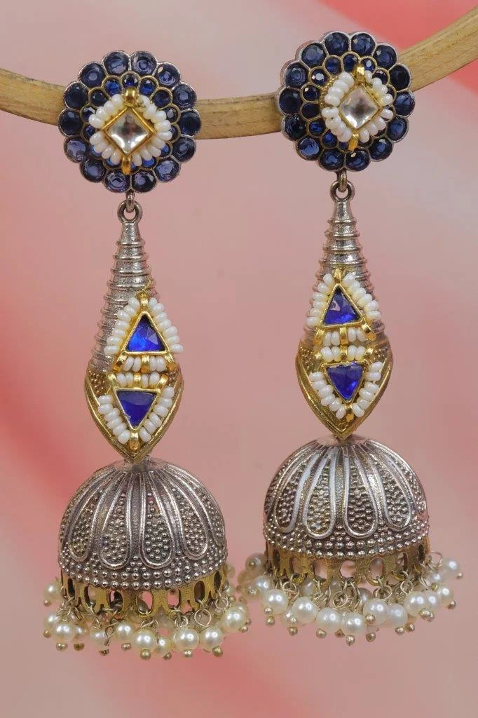 Blue Kundan Long Jhumka Earrings with Ridged Silver Bell