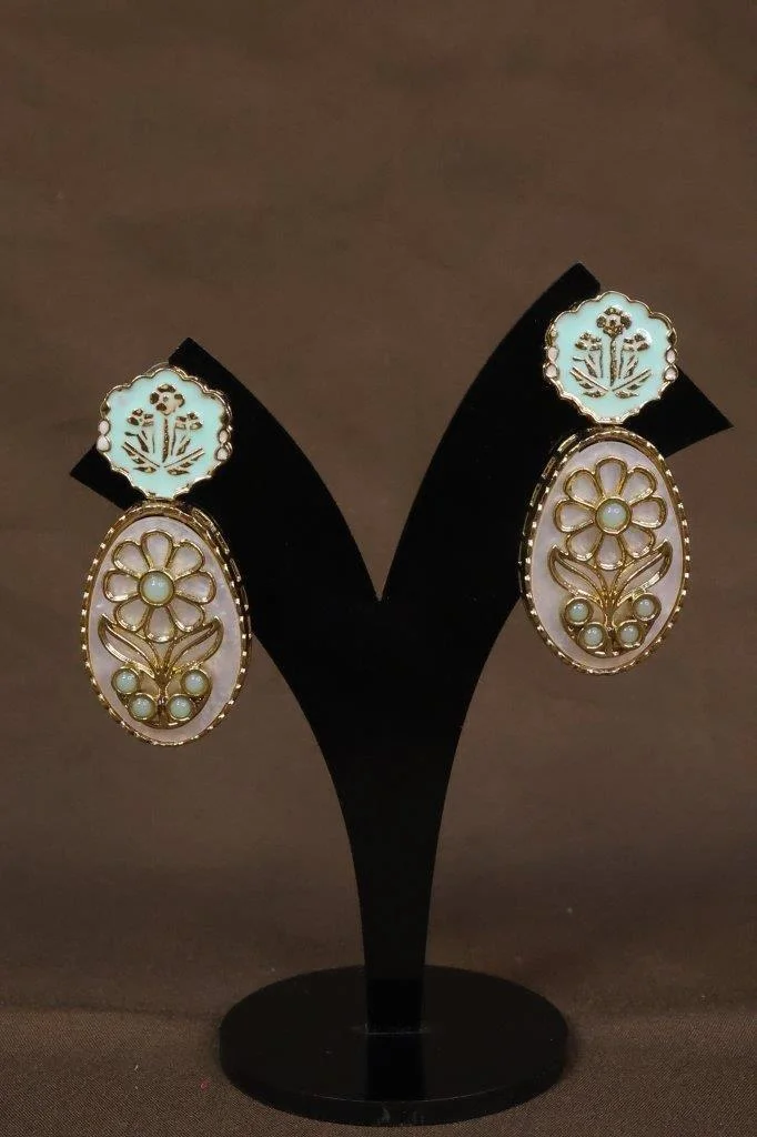 Hand Painted Enamel Oval Studs with Mint Flower Top