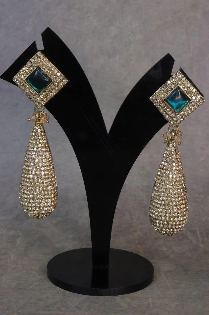 Gold Mesh Tassel Earrings with Square Stone Top