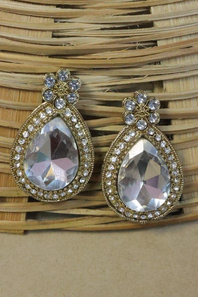 Clear Crystal Teardrop Earrings with Kundan Border