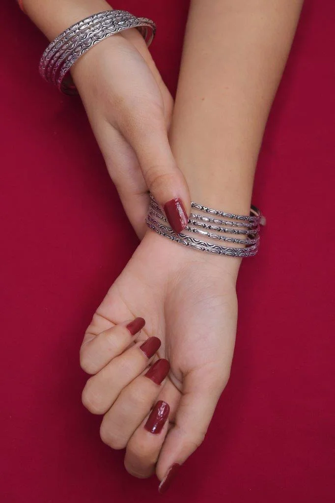 Oxidised Engraved Thin Bangles Set of 12