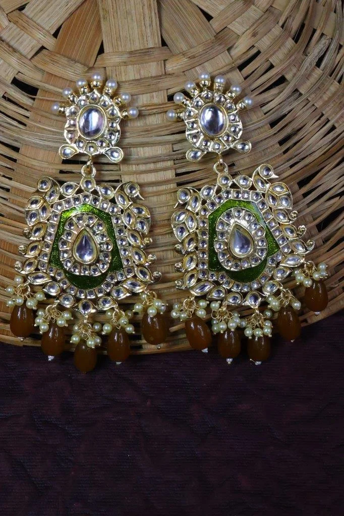 Green Stone Kundan Chandelier with Coffee Bead Drops