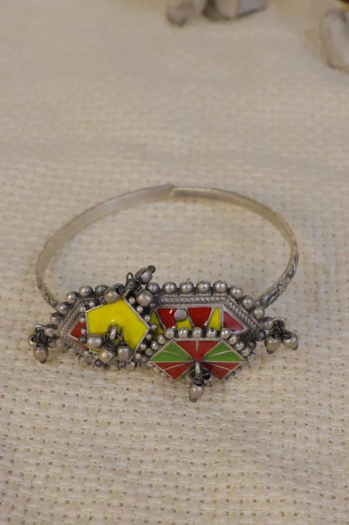 Tribal Enamel Kada with Silver Bead Fringe