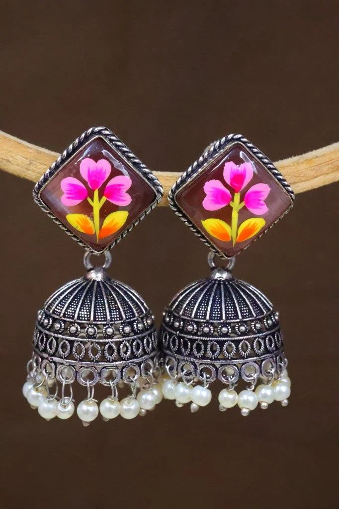 Hand-Painted Floral Jhumka Earrings with Oxidised Bell