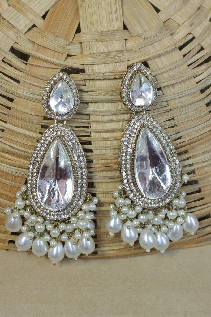 Polki Style Teardrop Earrings with Pearl Drop Fringe
