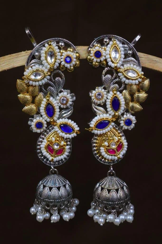 Blue and White Kundan Long Earrings with Peacock and Jhumka