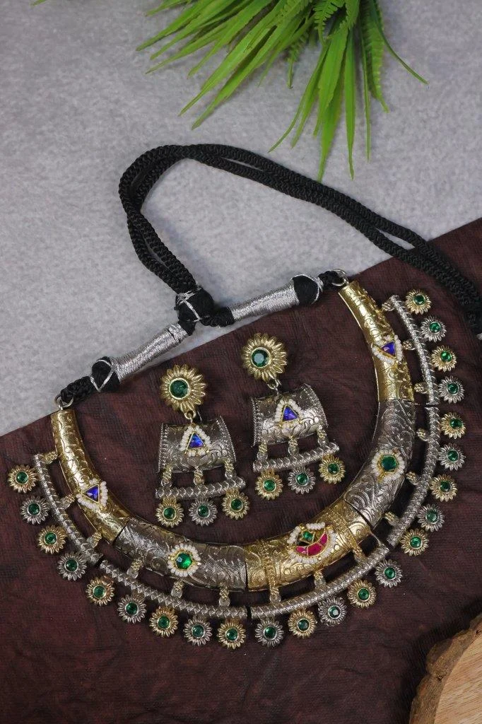 Dual Tone Hasli Collar with Multicolour Stones and Earrings