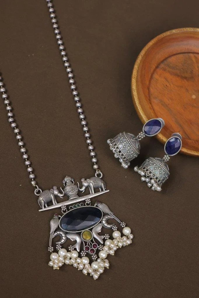 Elephant Bar Pendant Necklace with Oval Stone and Peacocks
