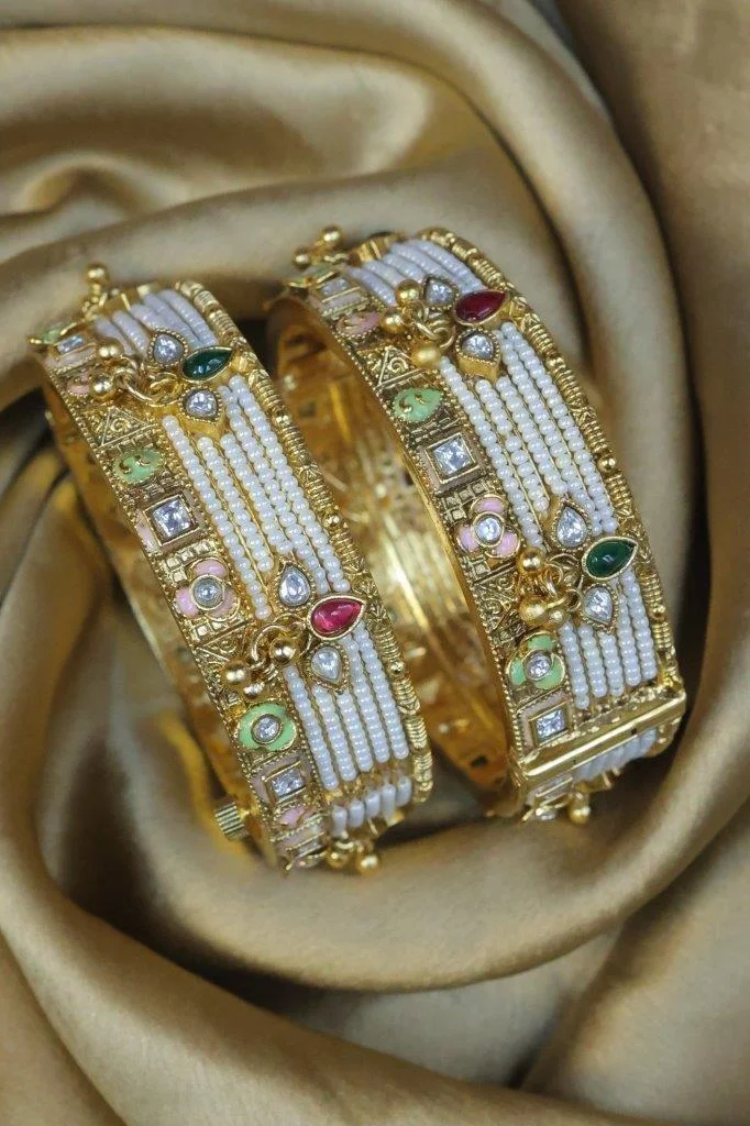 Pearl and Kundan Broad Kada Set of Two