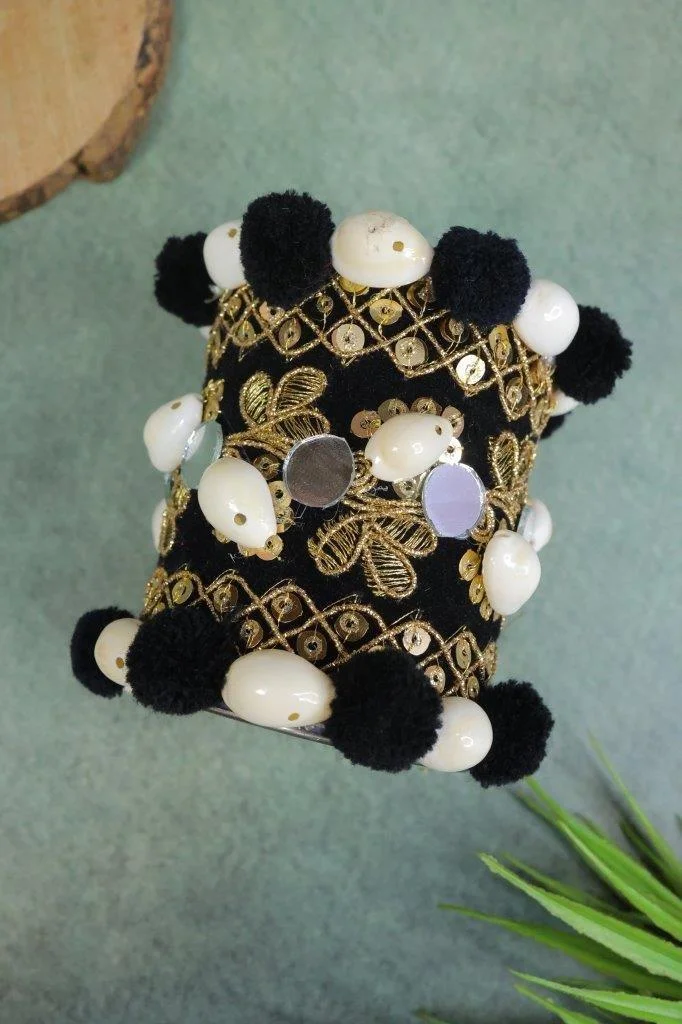 Black Velvet Zari Cuff with Shells and Pom Poms