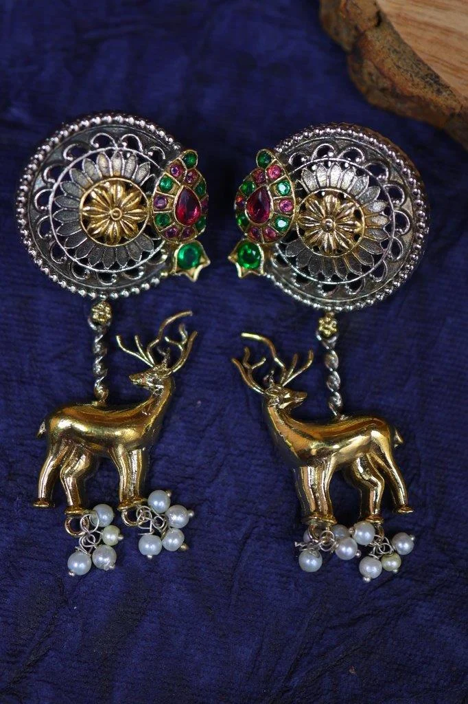 Oxidised Sunburst Studs with Gold Deer Drops