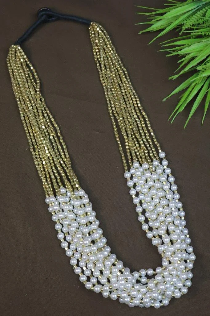 Multi-Strand Moti Mala with Gold-Tone Beads and White Pearls