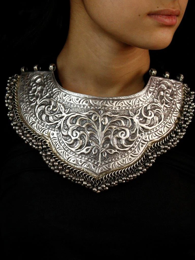 Silver Replica Repousse Bib Hasli Necklace with Ball Fringe