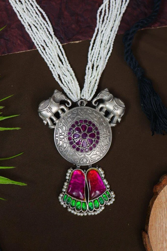 Elephant Disc Necklace with Enamel Fan on Pearl Strands