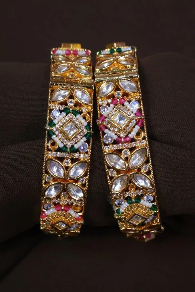 Bridal Gold Kada Set of Two with Kundan and Bead Clusters