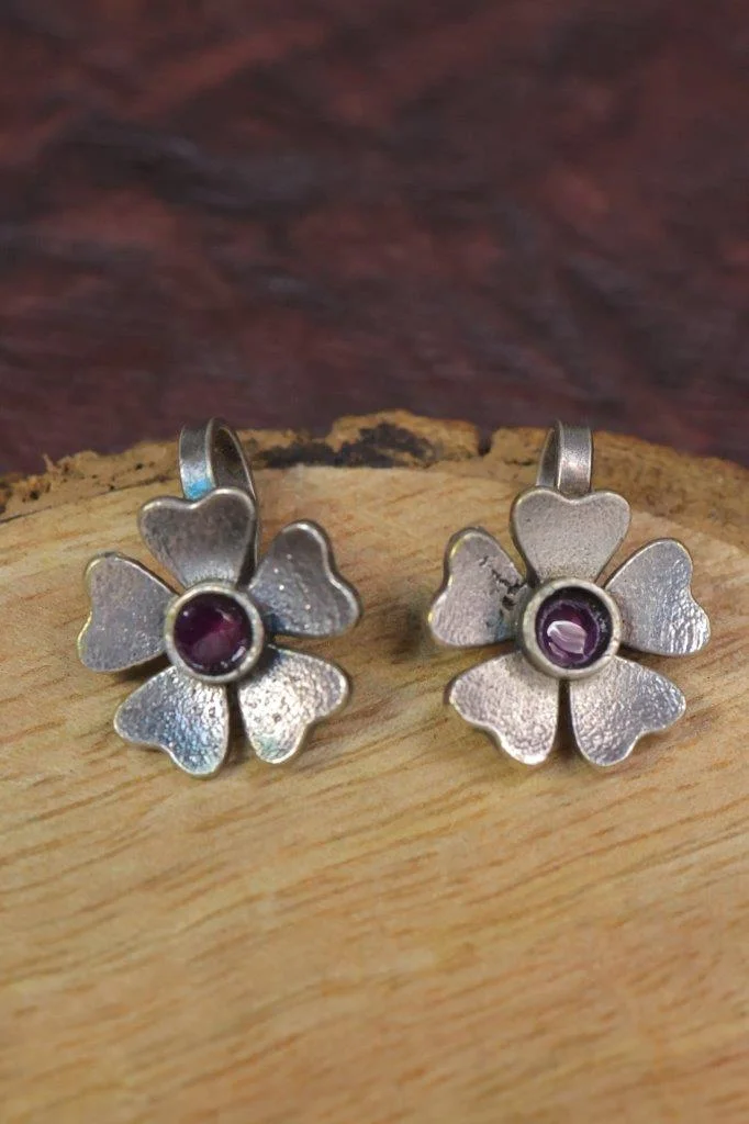 Oxidised Silver Flower Stud Earrings with Single Stone