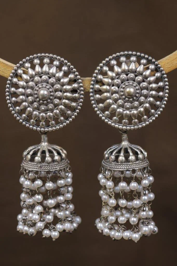 Large Beaded Disc Jhumka Earrings with Pearl Tassels