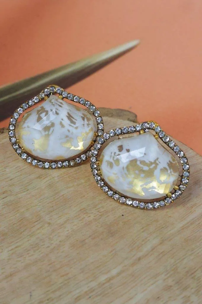 Polki Style Uncut Stone Stud Earrings with Crystal Border