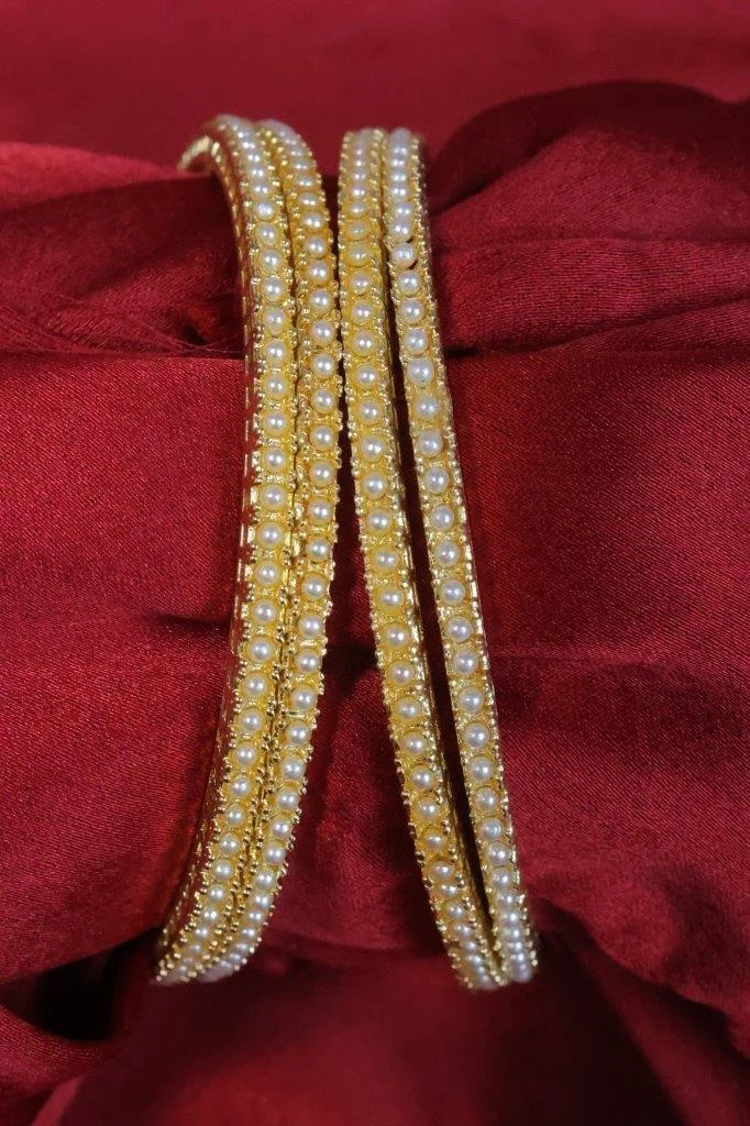 Slim Pearl Edged Gold Bangles Set of Two