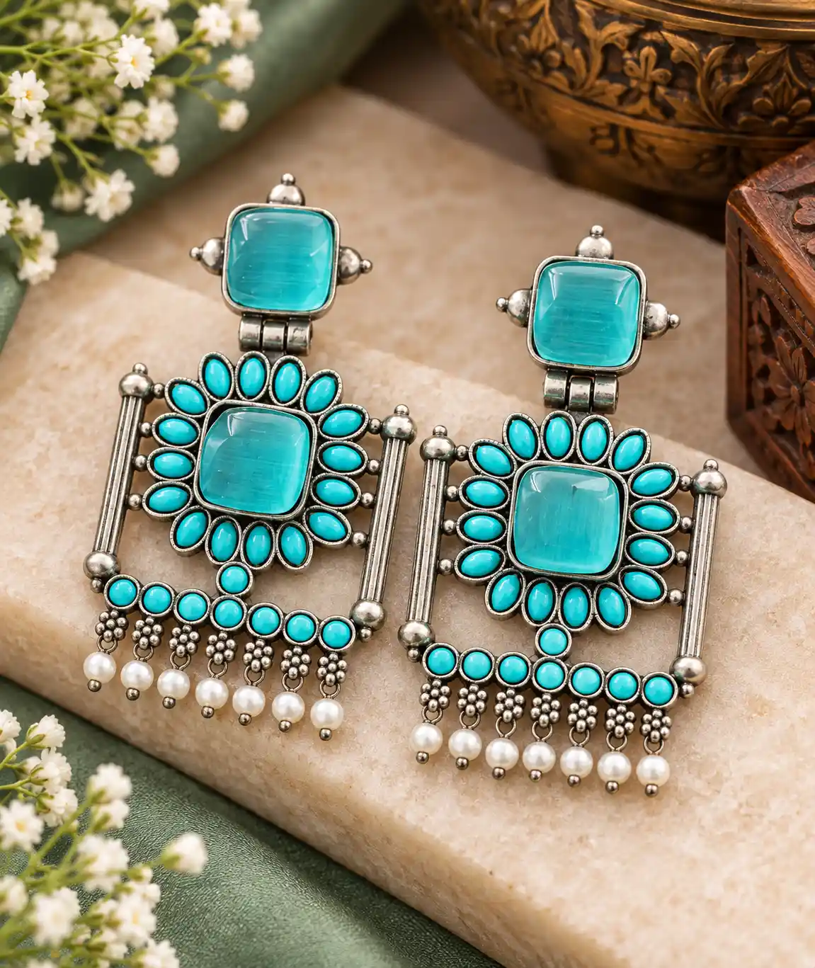 Oxidised Square Stone Flower Dangler Earrings with Side Pillars and Pearls