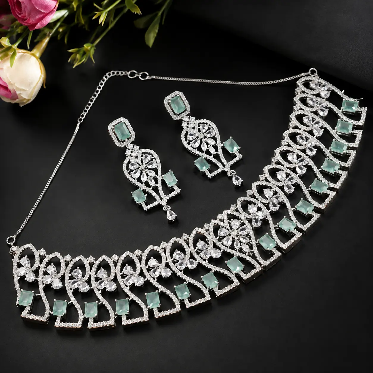 American Diamond Necklace with Monalisa Stone & Maang Tikka Set – Premium Rhodium-Plated Bridal Choker for Women