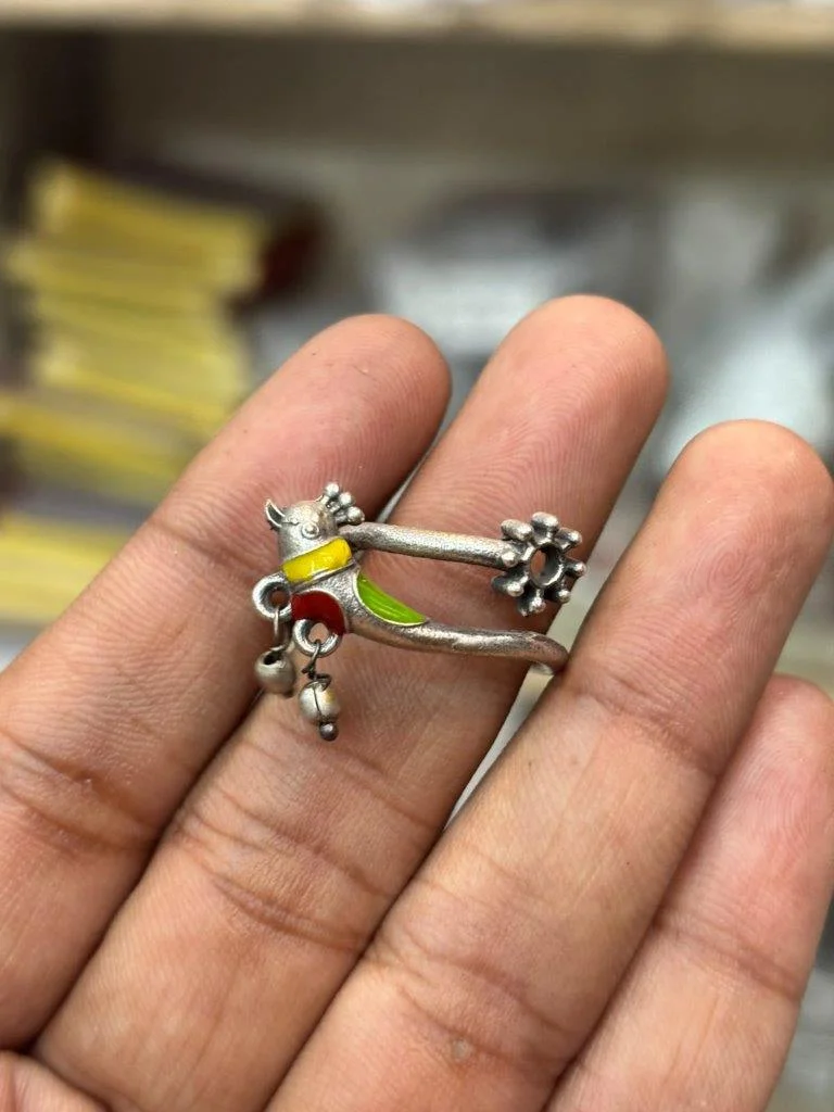 Enamel Parrot Ring with Ghungroo Bells