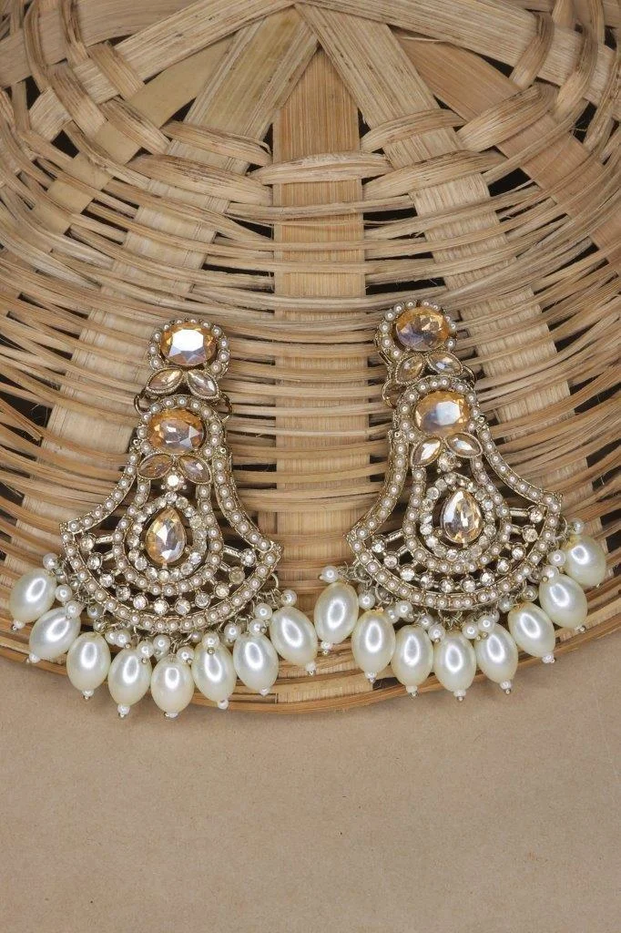 Gold Kundan Fan Earrings with Pearl Drop Fringe