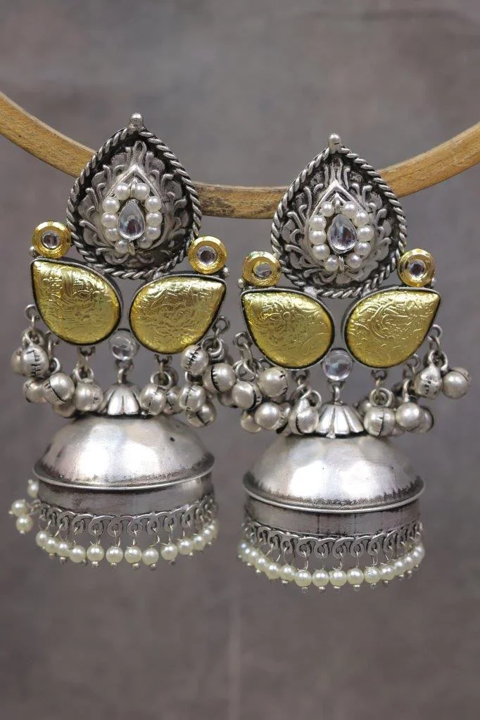 Dual Tone Leaf Jhumka Earrings with Ghungroo and Pearls
