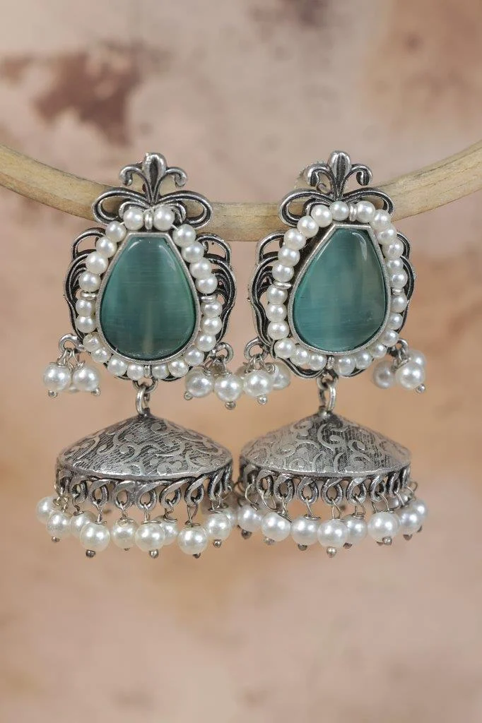 Oxidised Teardrop Stone Earrings with Pearl Halo Jhumka