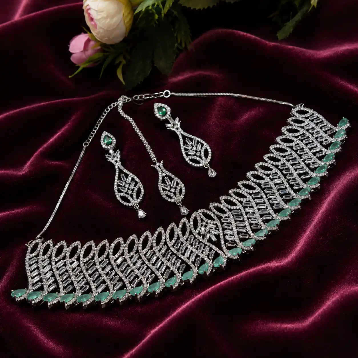 Silver American Diamond Choker Necklace Set with Green Accents and Maangtika