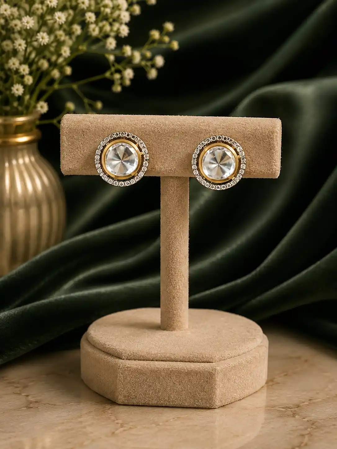Round Halo American Diamond Stud Earrings with Dual-Tone Detailing