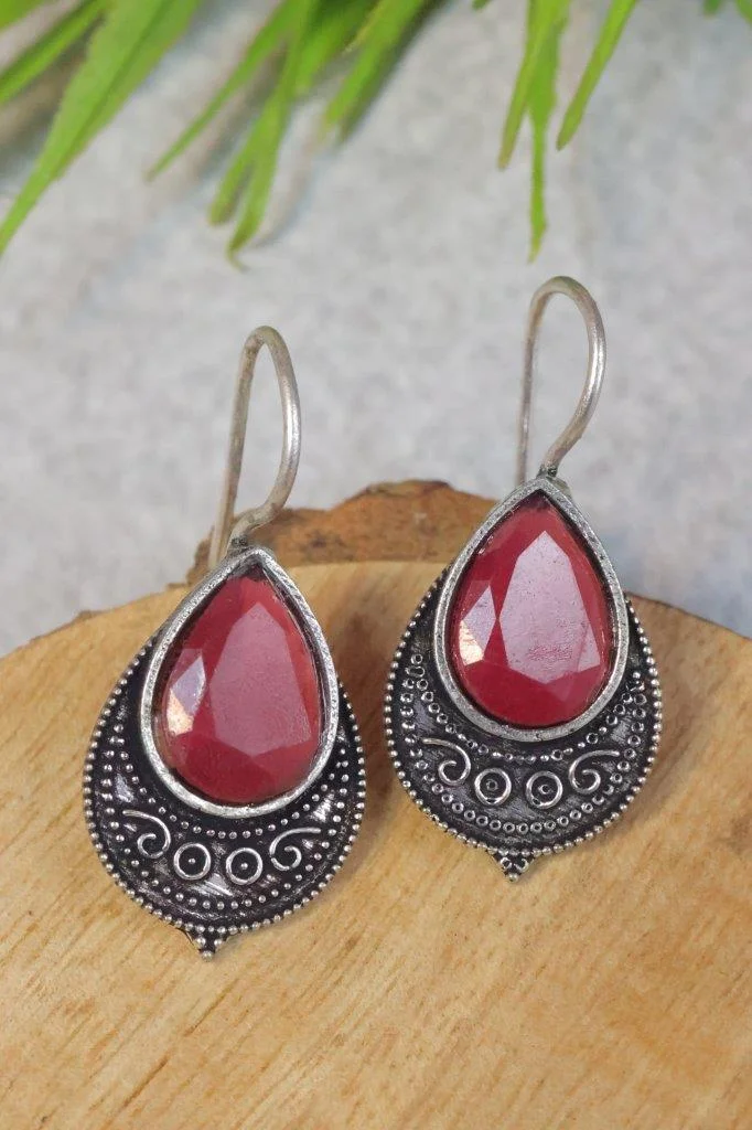 Oxidised Hook Earrings with Teardrop Stone and Granulation