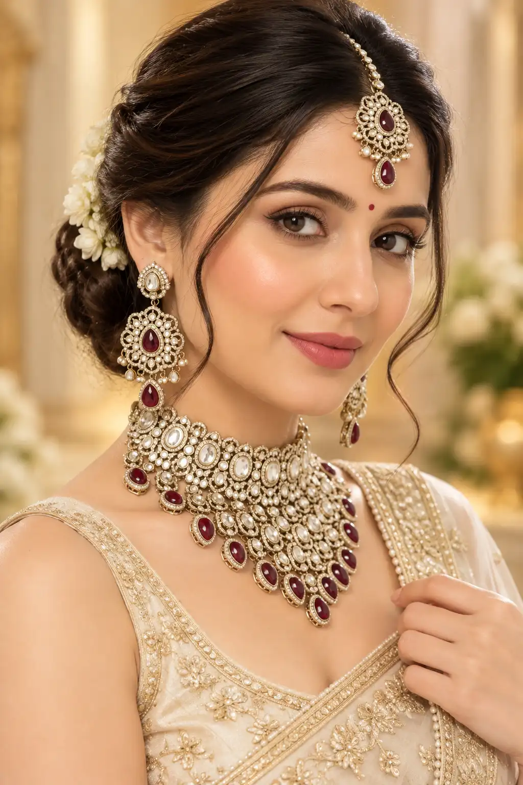 Kundan Bridal Choker & Necklace Set with Earrings and Maang Tikka – view 2
