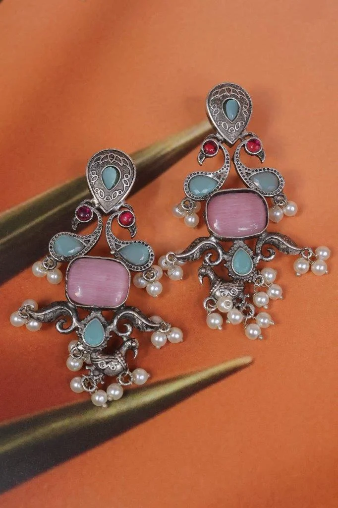 Pastel Stone Cross Drop Earrings in Oxidised Silver