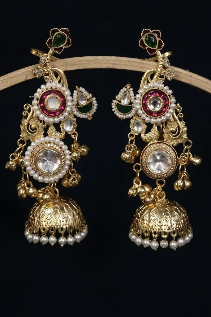 Gold Peacock Jhumka Earrings with Pearl Fringe