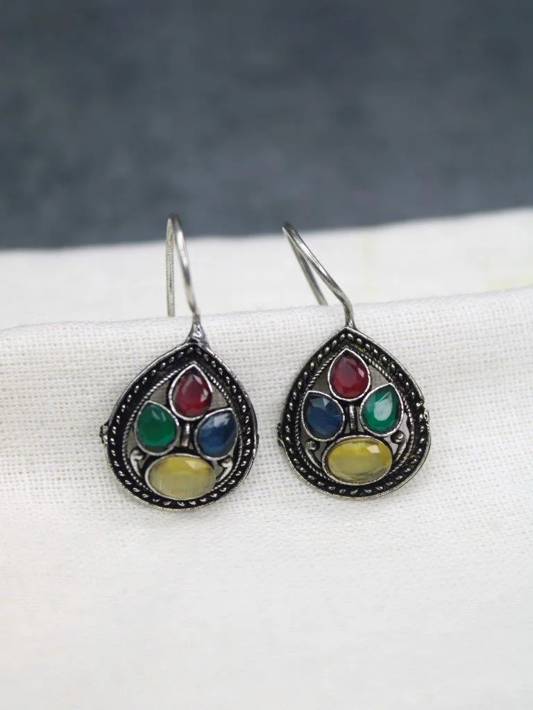 Oxidised Silver Teardrop Hooks with Coloured Stones
