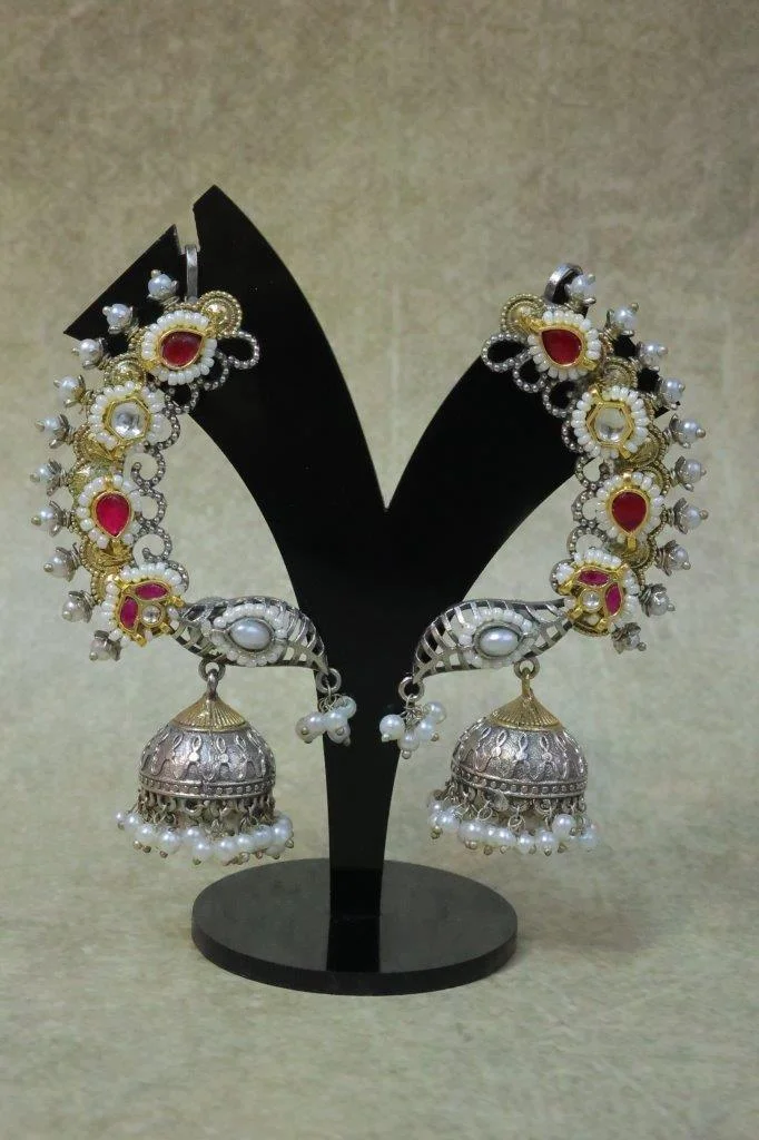 Kundan Chandbali Earrings with Pearl Arc and Silver Jhumka