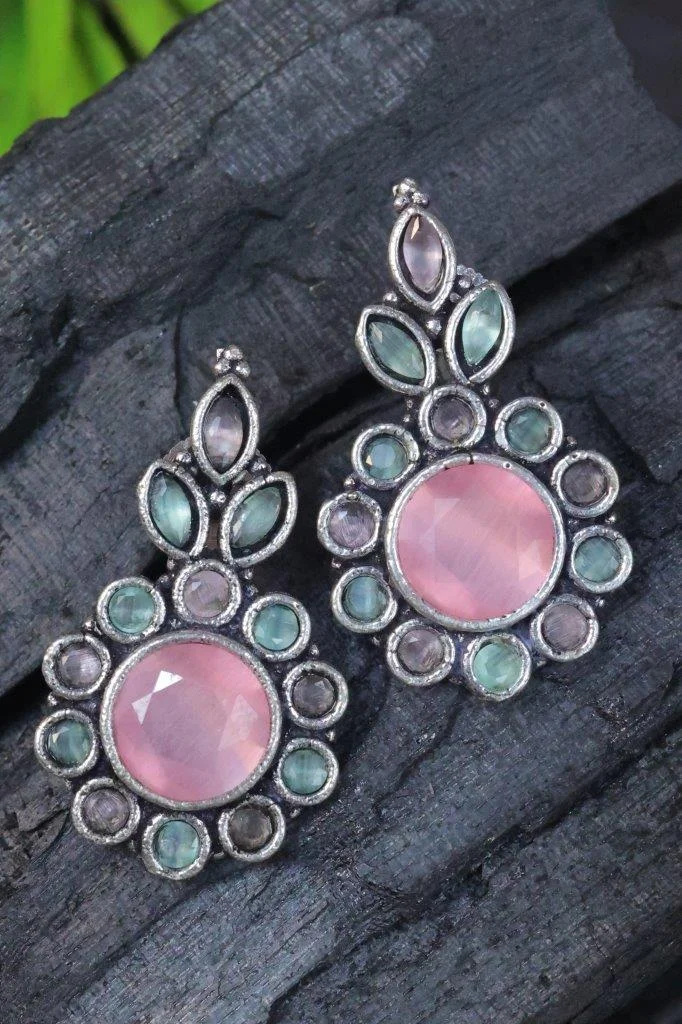 Oxidised Two Tier Flower Drop Earrings with Round Stones