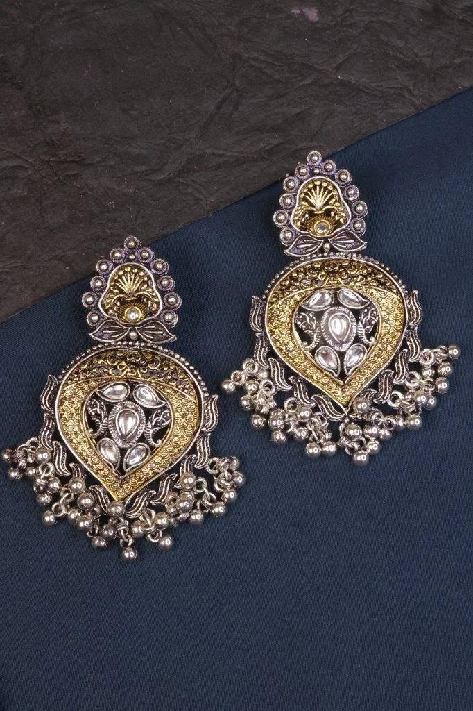 Gold Paisley Chandbali with Kundan Centre and Bead Fringe