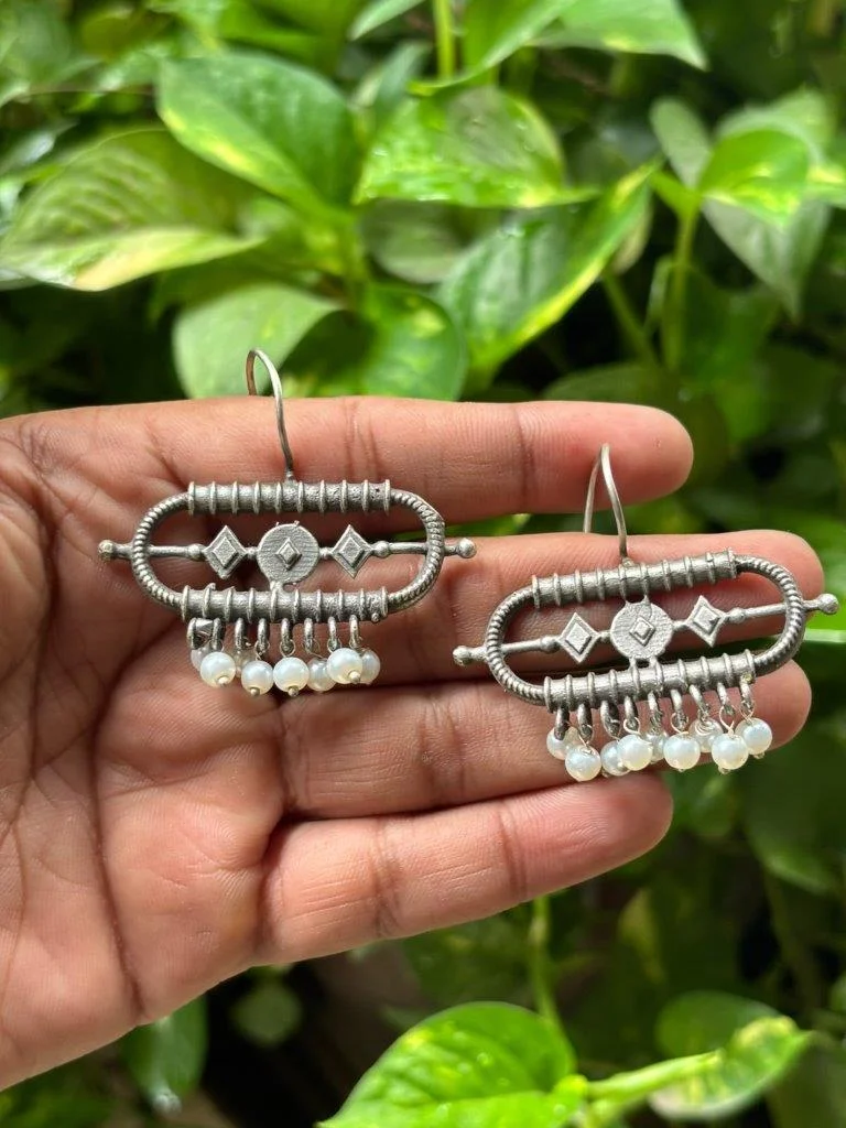 Oxidised Ridged Hoop Earrings with Pearl Fringe