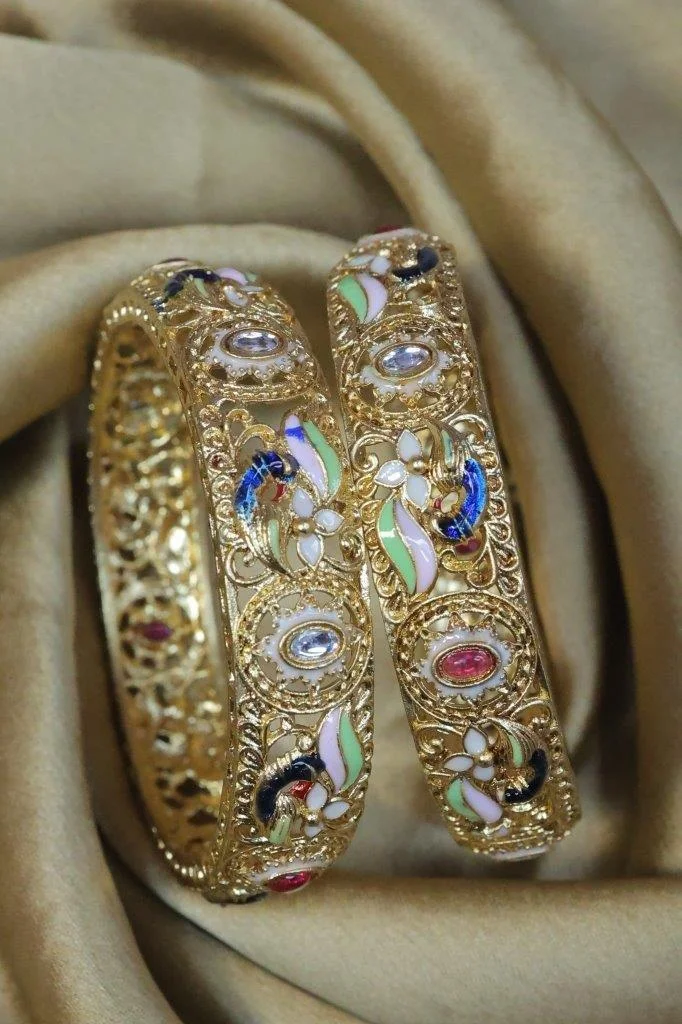 Broad Meenakari Kada Set of Two with Kundan Cartouches