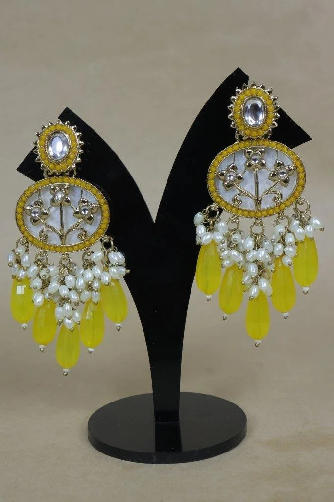 Yellow Bead Chandbali with Kundan Discs