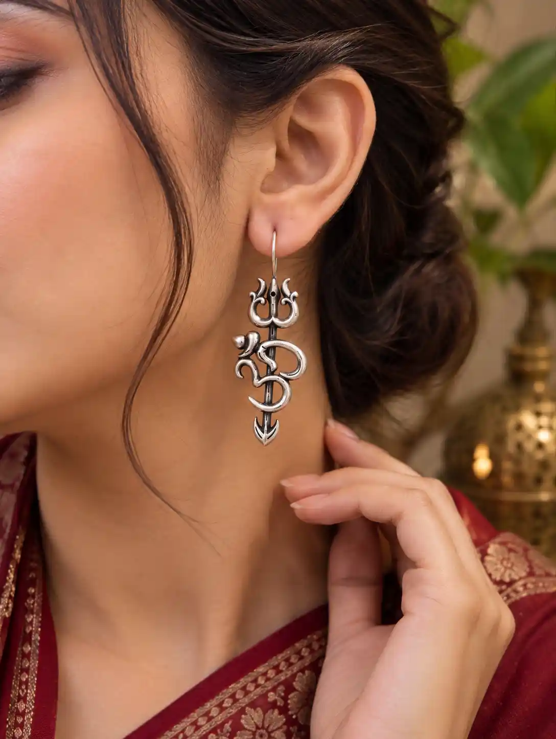 Trishul Om Statement Earrings in Oxidized Silver Finish – view 2