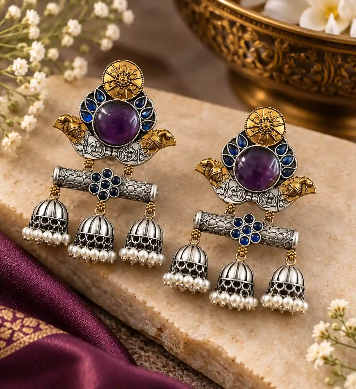 Two-Tone Triple Jhumki Earrings with Round Stone and Bird Heads