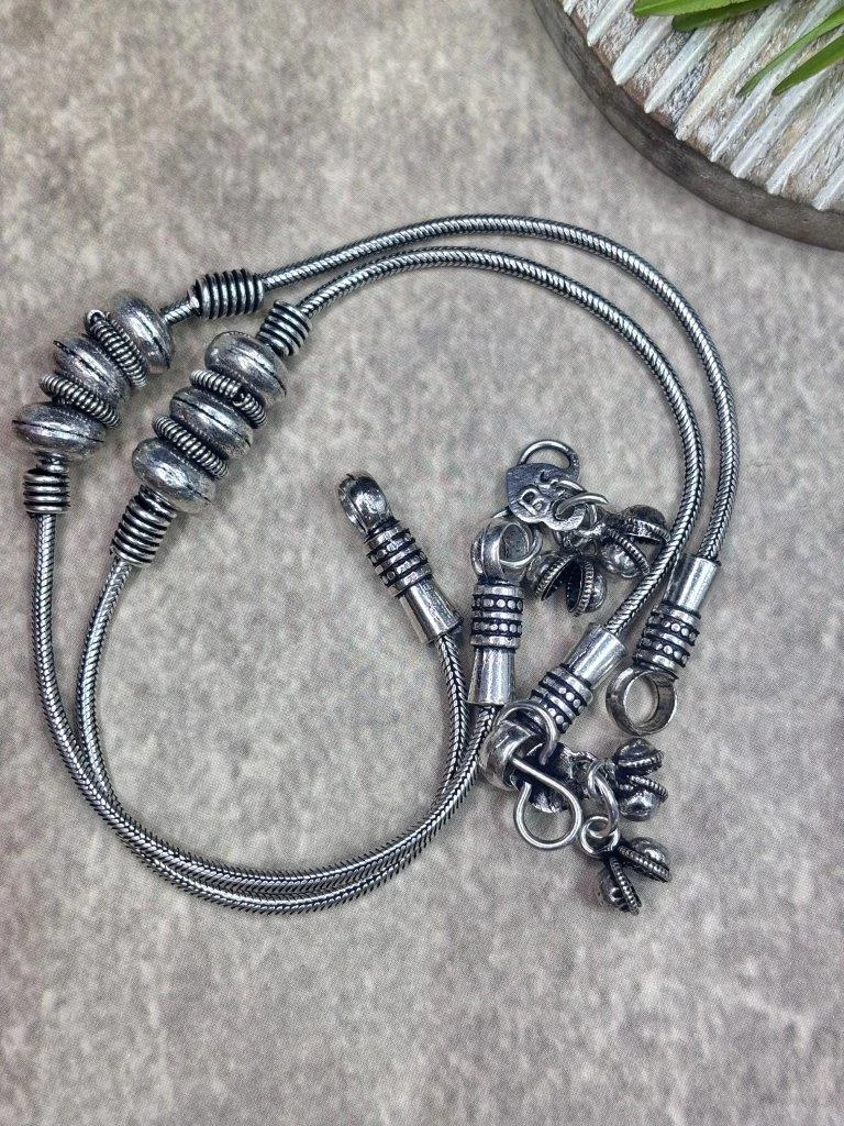 Ribbed Barrel Bead Payal with Ghungroo Ends