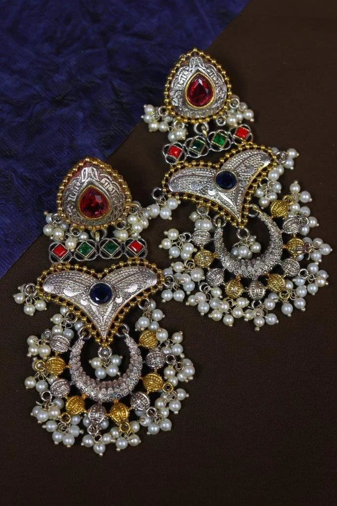 Multicolour Kundan Chandbali Earrings with Pearl and Gold Bead Fringe