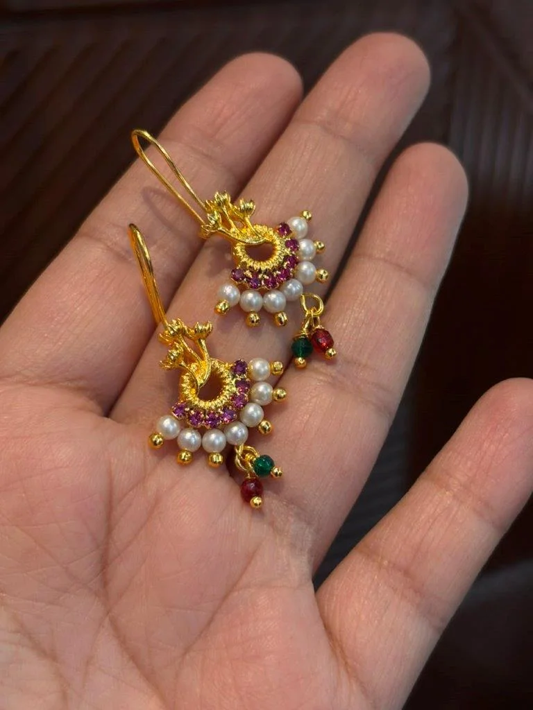 Peacock Bugadi Earrings with Pink CZ and Pearl Fringe